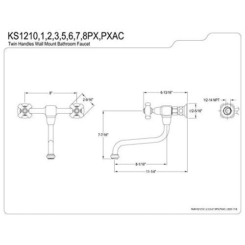  Kingston Brass KS1218PX Heritage Wall Mount 8-Inch Vessel Sink Faucet, Brushed Nickel