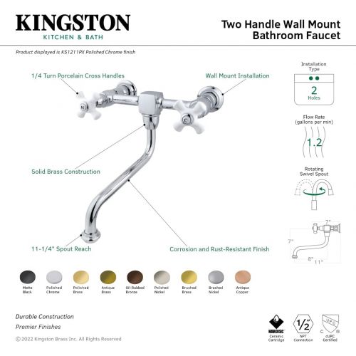  Kingston Brass KS1218PX Heritage Wall Mount 8-Inch Vessel Sink Faucet, Brushed Nickel