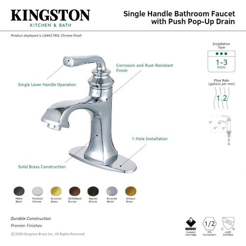  Kingston Brass LS4420RXL Restoration Single-Handle Bathroom Faucet with Push-Up Drain and Deck Plate, Matte Black