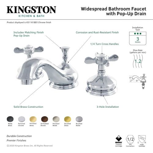  Kingston Brass KS1166BEX Essex 8-Inch Widespread Lavatory Faucet with Brass Pop-Up, 5-1/2 Inch in Spout Reach, Polished Nickel