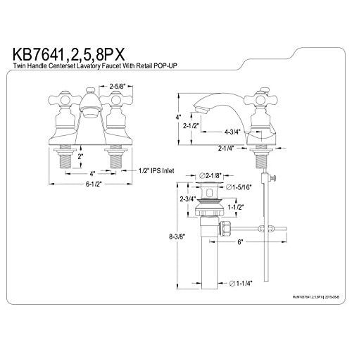  Kingston Brass KB7642PX English Country Center Set Bathroom Faucet with ABS Pop-Up Drain, 4-3/4, Polished Brass