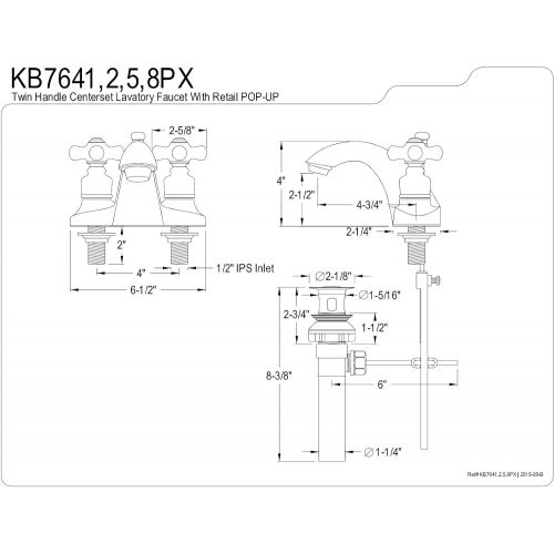  Kingston Brass KB7642PX English Country Center Set Bathroom Faucet with ABS Pop-Up Drain, 4-3/4, Polished Brass