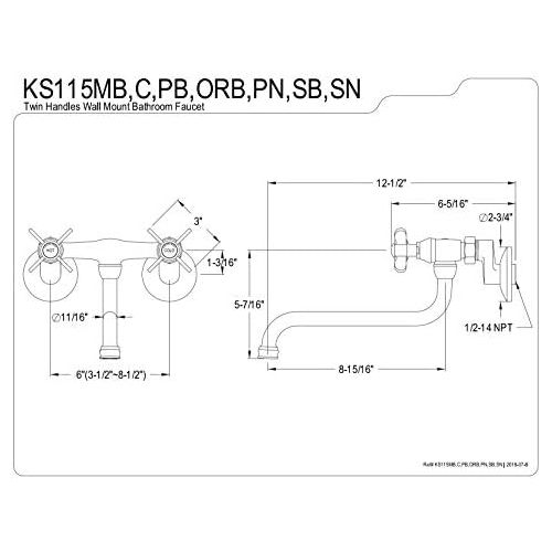  Kingston Brass KS115PN Essex Two-Handle Wall Mount Bridge Bathroom Faucet, Polished Nickel