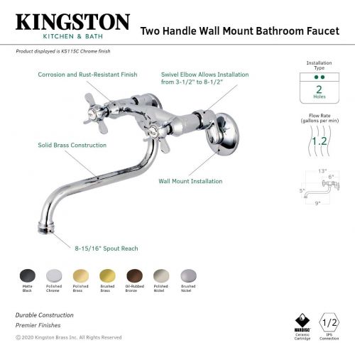  Kingston Brass KS115PN Essex Two-Handle Wall Mount Bridge Bathroom Faucet, Polished Nickel