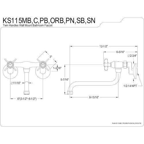  Kingston Brass KS115PN Essex Two-Handle Wall Mount Bridge Bathroom Faucet, Polished Nickel