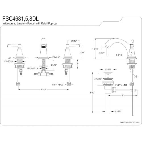  Kingston Brass FSC4688DL Concord Widespread Lavatory Faucet, 5-3/16 in Spout Reach, Brushed Nickel