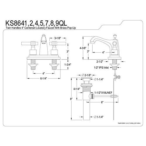  Kingston Brass KS8642QL Milano 4-Inch Centerset Lavatory Faucet, Polished Brass