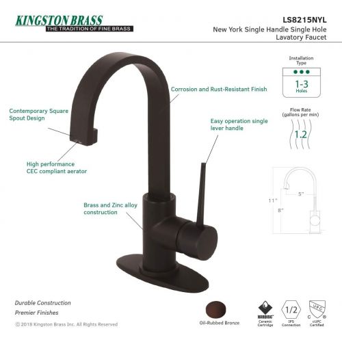  Kingston Brass LS8215NYL New York Single-Handle Bathroom Faucet with Push Pop-Up, 5-1/16, Oil Rubbed Bronze