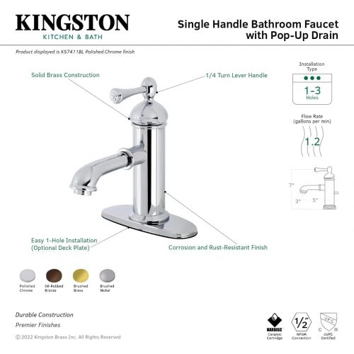  Kingston Brass KS7417BL Paris Single Lever Handle Bathroom Faucet Pop-Up & Plate, Brushed Brass