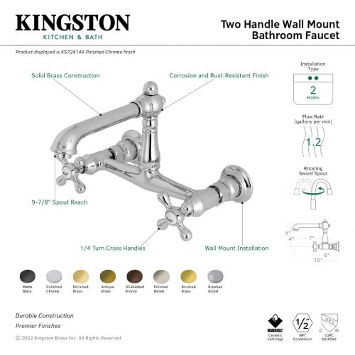  Kingston Brass KS7240AX English Country 8-Inch Center Wall Mount Vessel Sink Faucet, 6-5/8, Matte Black