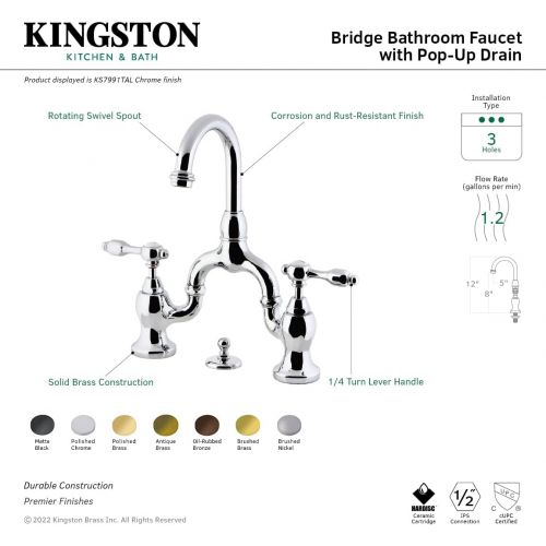  Kingston Brass KS7992TAL 4 5/8 in Spout Reach Bridge Lavatory Faucet with Brass Pop Up, Polished Brass