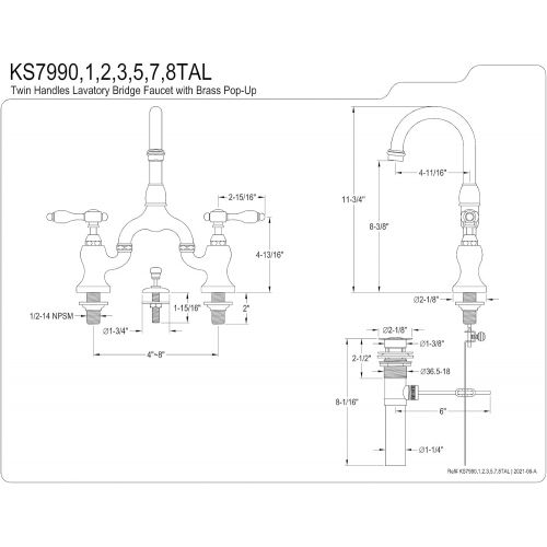  Kingston Brass KS7992TAL 4 5/8 in Spout Reach Bridge Lavatory Faucet with Brass Pop Up, Polished Brass