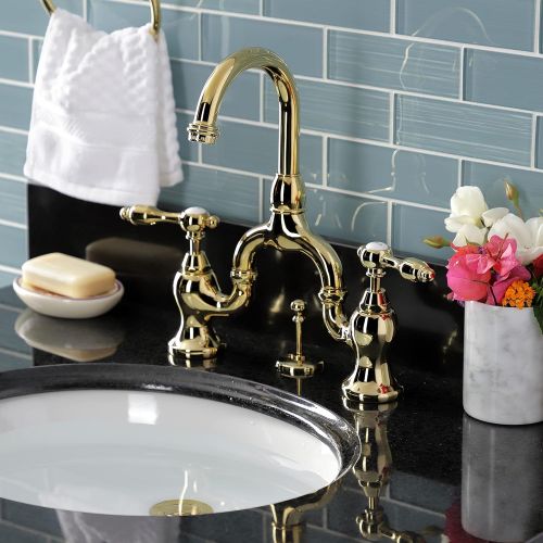  Kingston Brass KS7992TAL 4 5/8 in Spout Reach Bridge Lavatory Faucet with Brass Pop Up, Polished Brass