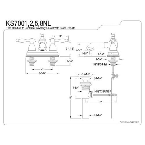  Kingston Brass KS7002NL Naples 4-Inch Centerset Lavatory Faucet Pop-Up, 4-1/2, Polished Brass