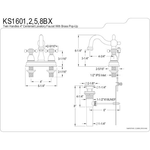  Kingston Brass KS1605BX Heritage Centerset Lavatory Faucet with Brass Pop-Up, Oil Rubbed Bronze