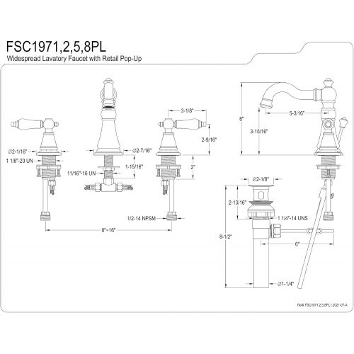  Kingston Brass FSC1971PL English Classic Widespread Lavatory Faucet, 5-5/16 Spout Reach, Polished Chrome