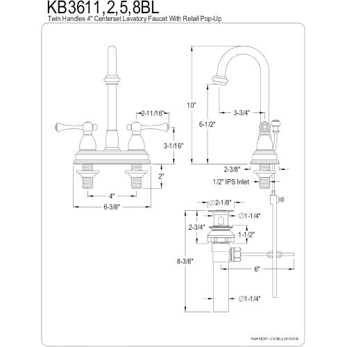  Kingston Brass KB3618BL Vintage Center Set Bathroom Sink Faucet with ABS Pop-Up Drain, 3-3/4-Inch, Brushed Nickel