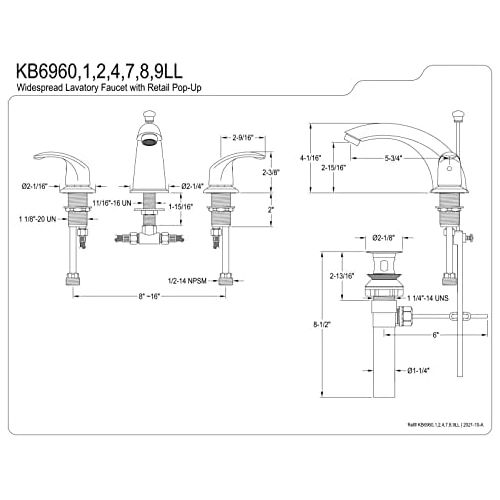  Kingston Brass KB6969LL Legacy 8-Inch to 16-Inch Widespread Lavatory Faucet with Pop Up, Brushed Nickel and Polished Brass