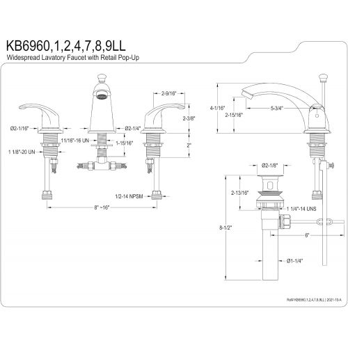  Kingston Brass KB6969LL Legacy 8-Inch to 16-Inch Widespread Lavatory Faucet with Pop Up, Brushed Nickel and Polished Brass