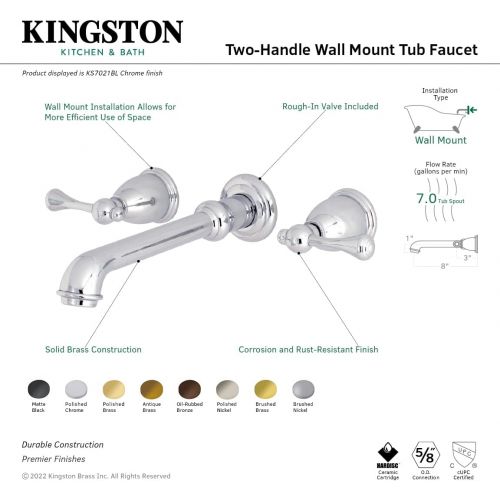  Kingston Brass KS7025BL English Country 8-Inch Center Wall Mount Roman Tub Filler, 10-7/16 Spout Reach, Oil Rubbed Bronze