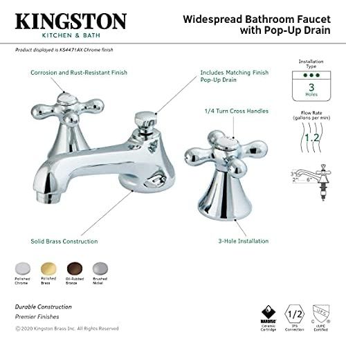  Kingston Brass KS4471AX 8 Widespread Lavatory Faucet with Brass Pop-Up, 5-1/2 in Spout Reach, Polished Chrome