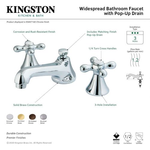  Kingston Brass KS4471AX 8 Widespread Lavatory Faucet with Brass Pop-Up, 5-1/2 in Spout Reach, Polished Chrome