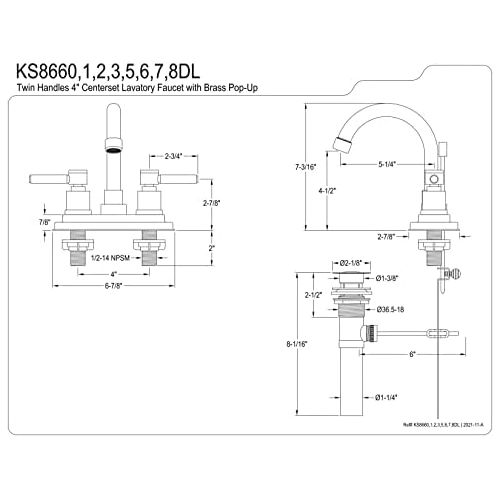  Kingston Brass KS8668DL Concord Twin Lever Handles 4 Lavatory Faucet, Satin Nickel, 4-7/8 Spout Reach