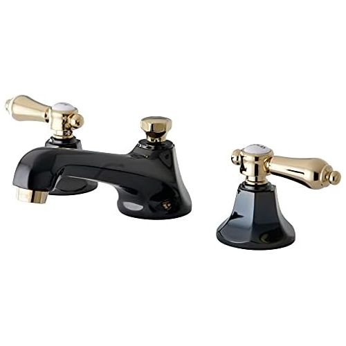  Kingston Brass NS4469BAL Water Onyx Widespread Lavatory Faucet with Brass Pop-up Drain, Black Stainless Steel with Polished Brass Trim