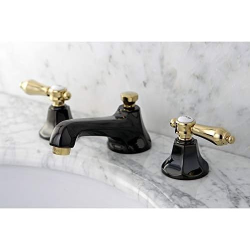  Kingston Brass NS4469BAL Water Onyx Widespread Lavatory Faucet with Brass Pop-up Drain, Black Stainless Steel with Polished Brass Trim