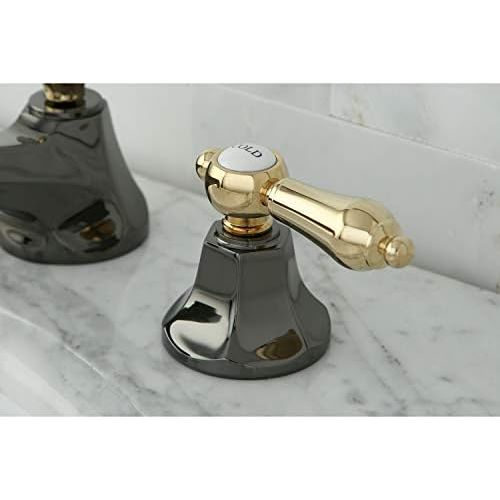  Kingston Brass NS4469BAL Water Onyx Widespread Lavatory Faucet with Brass Pop-up Drain, Black Stainless Steel with Polished Brass Trim