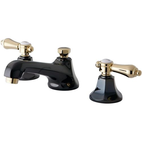  Kingston Brass NS4469BAL Water Onyx Widespread Lavatory Faucet with Brass Pop-up Drain, Black Stainless Steel with Polished Brass Trim