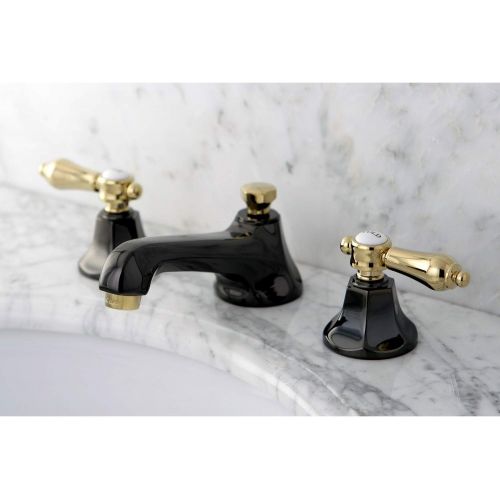  Kingston Brass NS4469BAL Water Onyx Widespread Lavatory Faucet with Brass Pop-up Drain, Black Stainless Steel with Polished Brass Trim