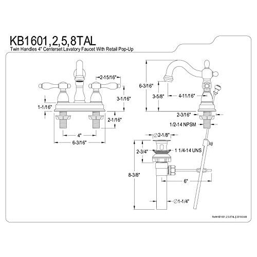  Kingston Brass KB1601TAL Tudor 4 Inch Centerset Lavatory Faucet With ABS/Brass Pop-Up, Polished Chrome, 4-3/4 inch in Spout Reach, Polished Chrome