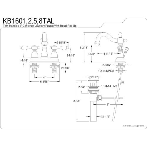  Kingston Brass KB1601TAL Tudor 4 Inch Centerset Lavatory Faucet With ABS/Brass Pop-Up, Polished Chrome, 4-3/4 inch in Spout Reach, Polished Chrome