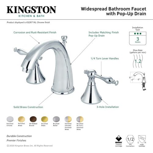  Kingston Brass KS2972NL Naples Widespread Lavatory Faucet, Polished Brass