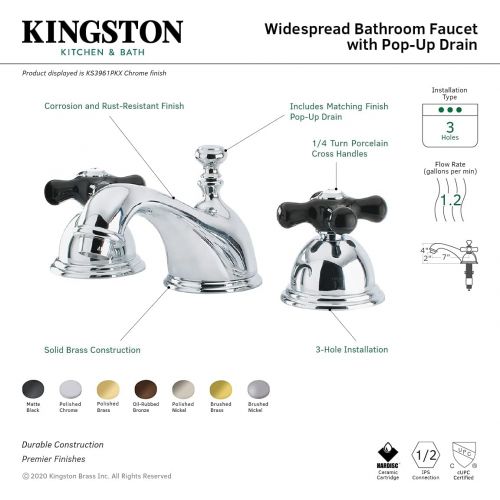  Kingston Brass KS3962PKX Restoration Widespread Bathroom Faucet with Pop-Up Drain, 6-1/2-Inch, Polished Brass