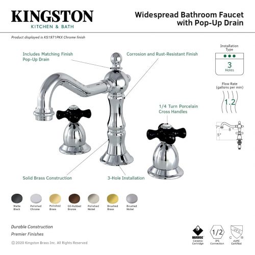  Kingston Brass KS1971PKX Heritage Widespread Bathroom Faucet with Brass Pop-Up Drain, 7-1/2-Inch, Polished Chrome