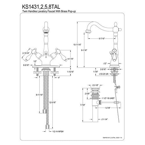  Kingston Brass KS1432TAL Tudor Deck Mount Deck Lavatory Faucet with Brass Pop-Up, Polished Brass