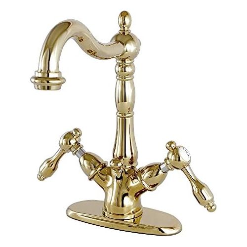  Kingston Brass KS1432TAL Tudor Deck Mount Deck Lavatory Faucet with Brass Pop-Up, Polished Brass