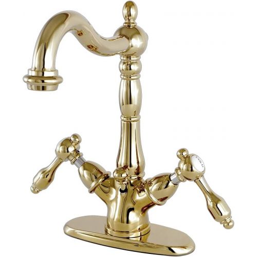  Kingston Brass KS1432TAL Tudor Deck Mount Deck Lavatory Faucet with Brass Pop-Up, Polished Brass