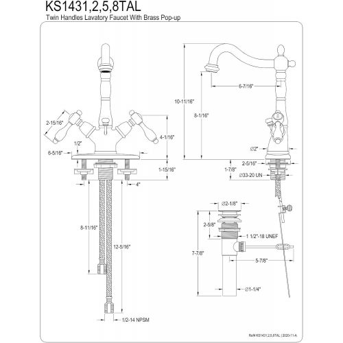  Kingston Brass KS1432TAL Tudor Deck Mount Deck Lavatory Faucet with Brass Pop-Up, Polished Brass