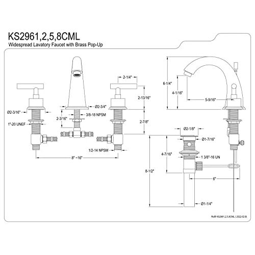  Kingston Brass KS2962CML Concord 8-Inch Widespread Lavatory Faucet with Brass Pop-Up, Polished Brass