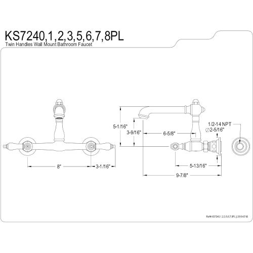  Kingston Brass KS7248PL English Country Wall Mount Vessel Sink Faucet, 6-5/8 in Spout Reach, Brushed Nickel