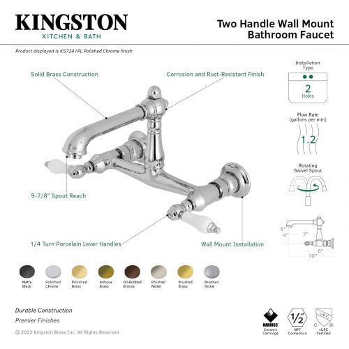  Kingston Brass KS7248PL English Country Wall Mount Vessel Sink Faucet, 6-5/8 in Spout Reach, Brushed Nickel