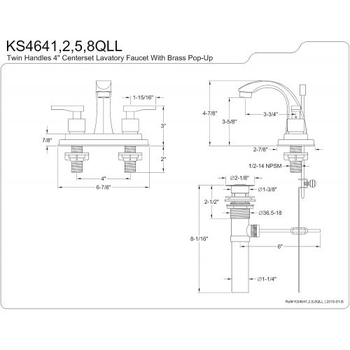  Kingston Brass KS4642QLL Executive 4-Inch Twin Lever Handle Centerset Lavatory Faucet, Polished Brass