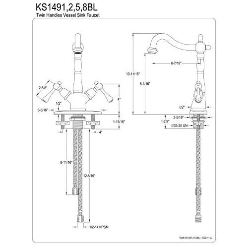  Kingston Brass KS1498BL Heritage Vessel Sink Faucet with 4-Inch Plate, Brushed Nickel