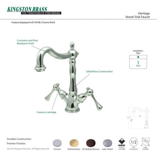  Kingston Brass KS1498BL Heritage Vessel Sink Faucet with 4-Inch Plate, Brushed Nickel