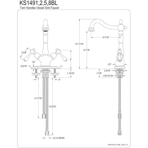  Kingston Brass KS1498BL Heritage Vessel Sink Faucet with 4-Inch Plate, Brushed Nickel