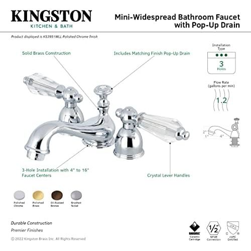  Kingston Brass KS3952WLL Wilshire Mini Widespread Lavatory Faucet With Crystal Lever Handle, 4-1/2 in Spout Reach, Polished Brass