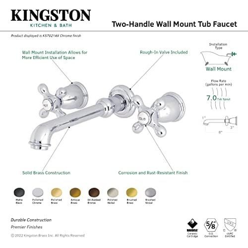  Kingston Brass KS7021AX English Country 8-Inch Center Wall Mount Roman Tub Filler, 10-7/16, Polished Chrome